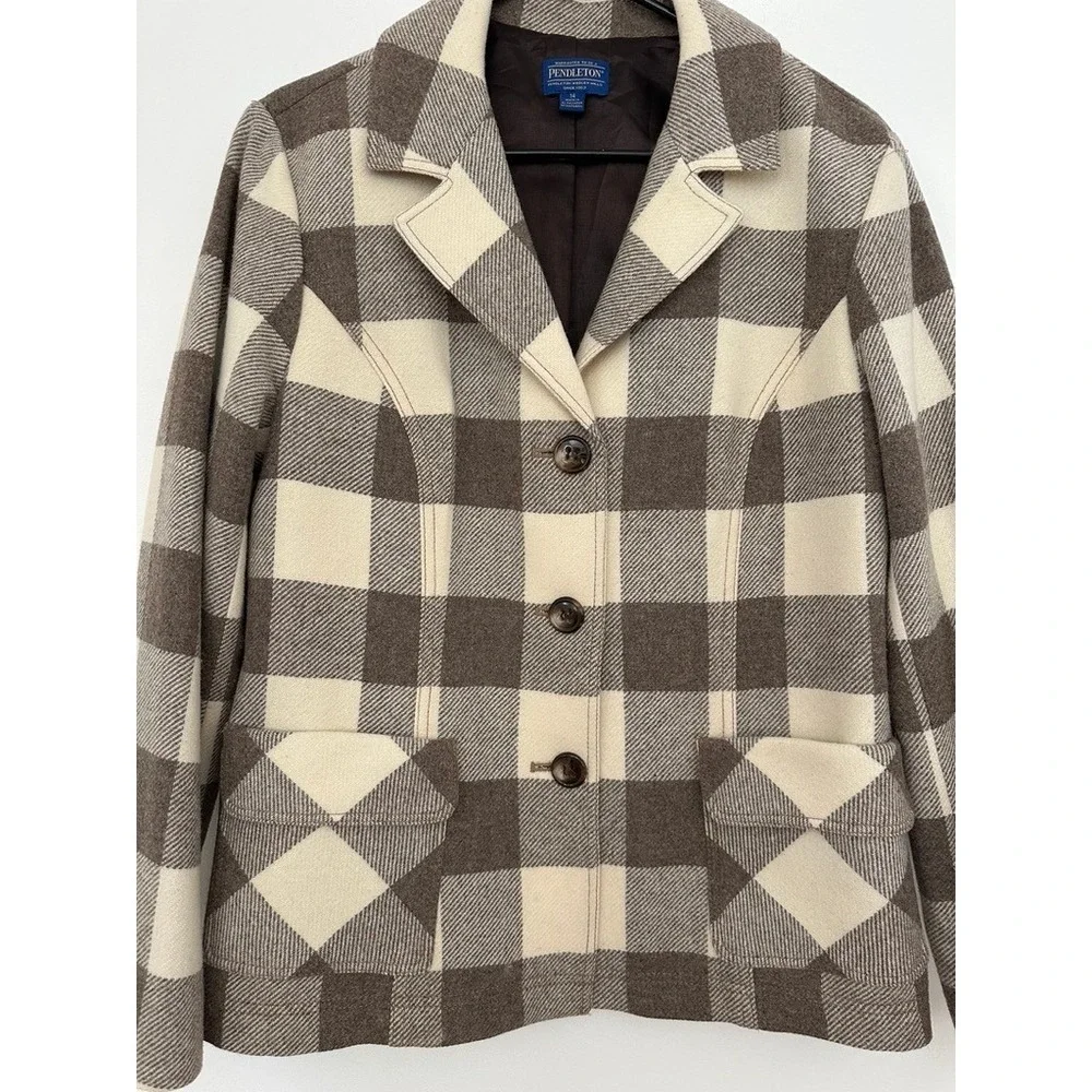 Pendleton Oregon Tweed Wool Blazer Women 14 Jacket Cream Buffalo Check Plaid